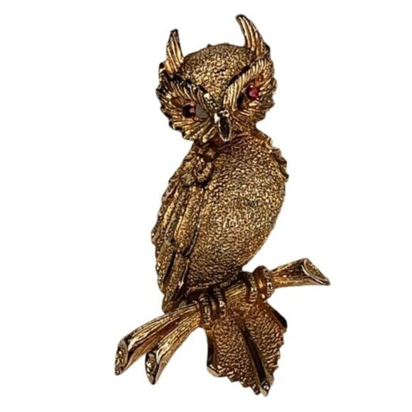 Vintage BSK Owl Brooch on Branch Gold Tone Red Glass Eyes - Picture 11 of 11